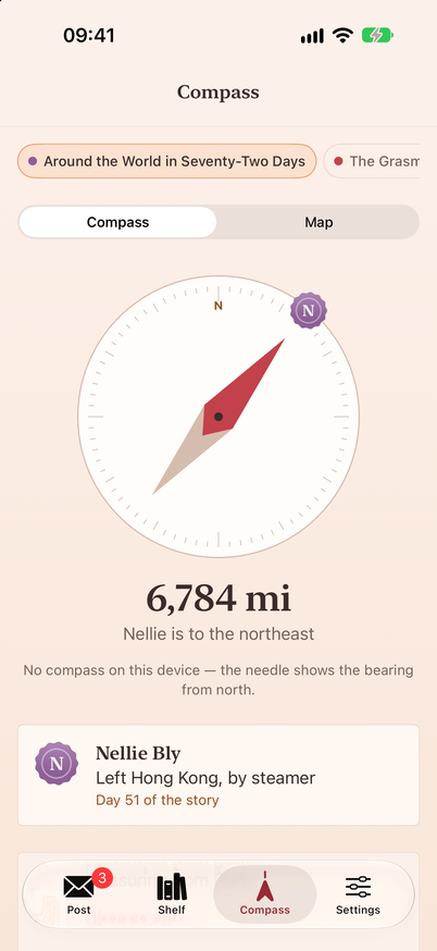 The compass pointing to Nellie Bly, more than ten thousand kilometres to the northeast