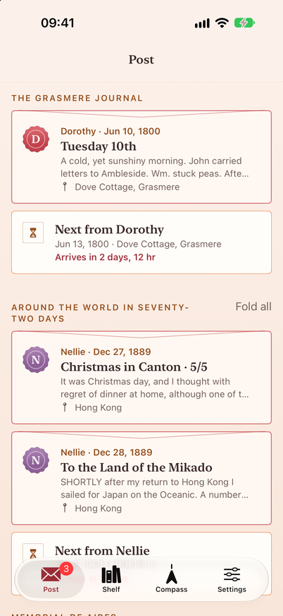 The Post screen: entries from Dorothy Wordsworth and Nellie Bly, and the next one arriving in two days